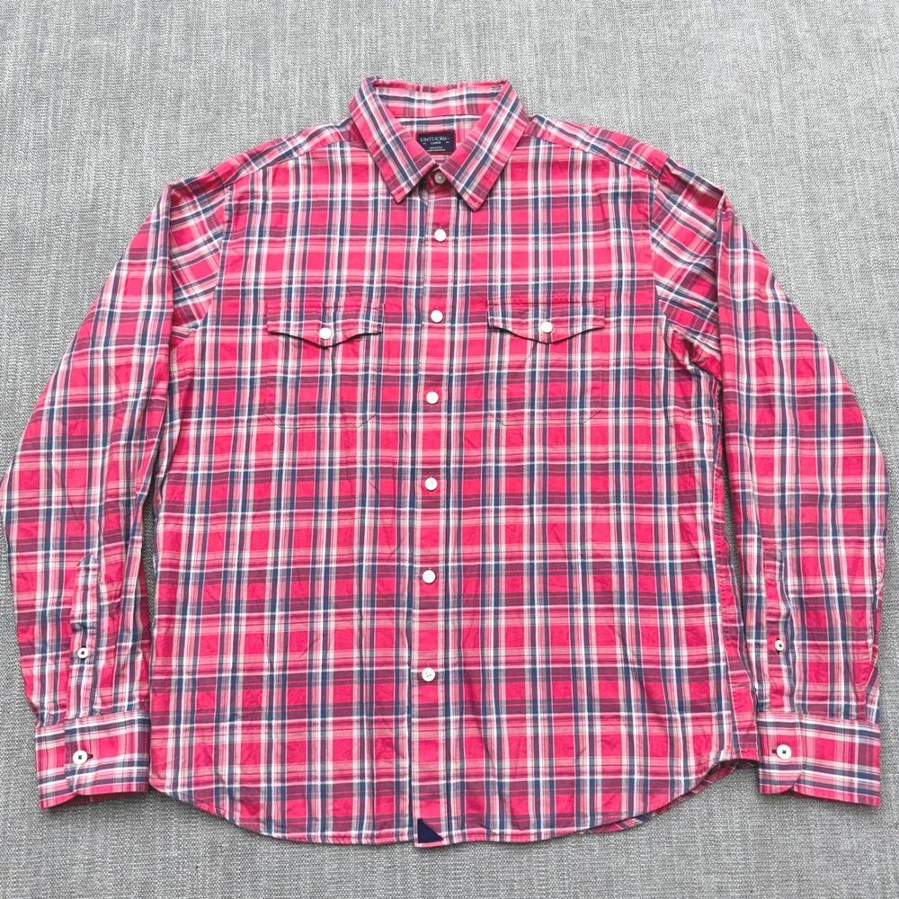 UNTUCKit Ojai Shirt Mens L Red Pink Plaid Regular Fit Cotton Button Down 00230